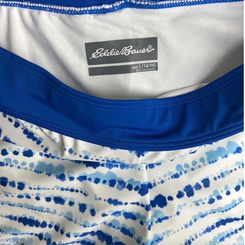 Eddie Bauer Swim Set Kids L 14/16 Blue White Tie Dye Rash Guard Shorts 2pc - Picture 3 of 12